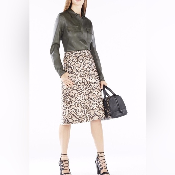 Women's BCBGMaxAzria Margaux Faux Fur Ocelot Leopard Print Back Zip Skirt sz 4 - Picture 1 of 9